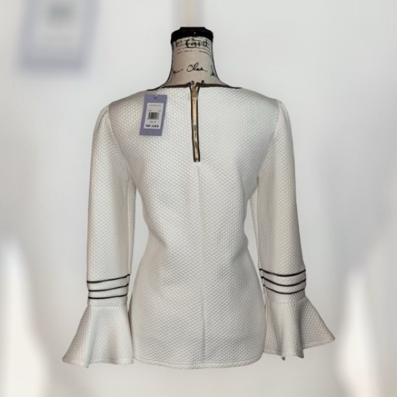 STS Sail to Sable Ivory Bell Sleeve Top 3/4 Sleeve Detailing Brown Trim Top Sz M - Picture 4 of 8